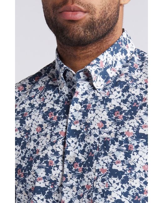 Nordstrom Blue Trim Fit Floral Short Sleeve Stretch Cotton & Linen Button-down Shirt for men