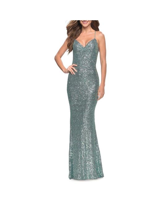 La Femme Blue Soft Sequin Long Gown With Lace Up Back