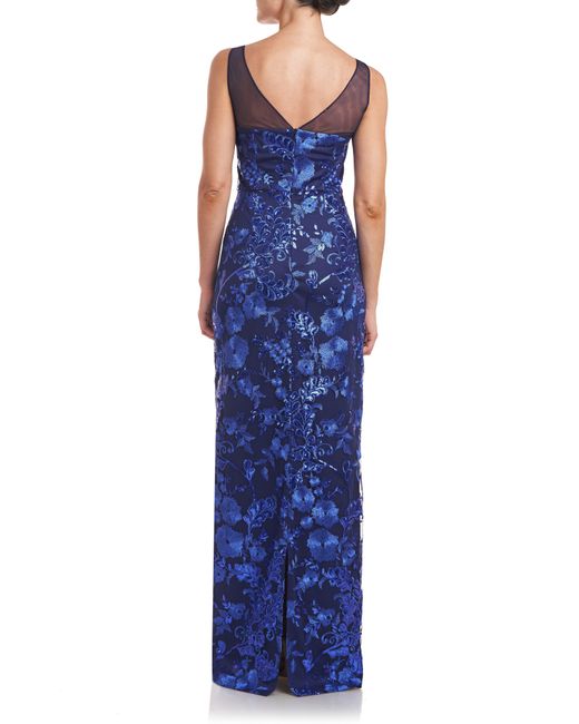 JS Collections Blue Baylor Embroidered Sequin Sleeveless Gown