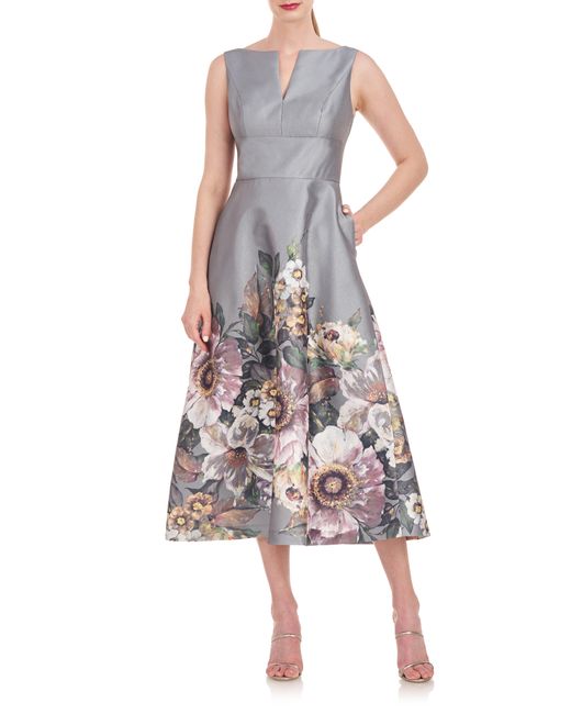 Kay Unger White Marlene Floral Print A-line Dress