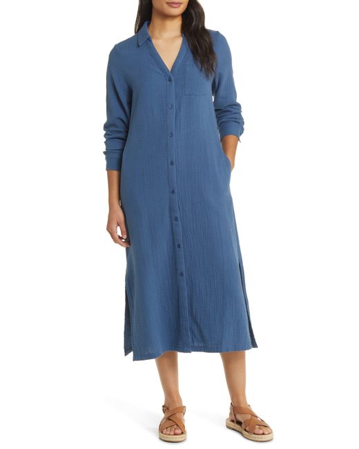 Caslon Blue Caslon(r) Cotton Gauze Long Sleeve Midi Shirtdress