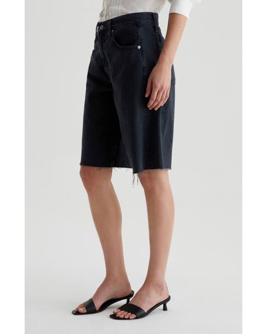 AG Jeans Blue Hattie High Waist Raw Hem Denim Barrel Shorts