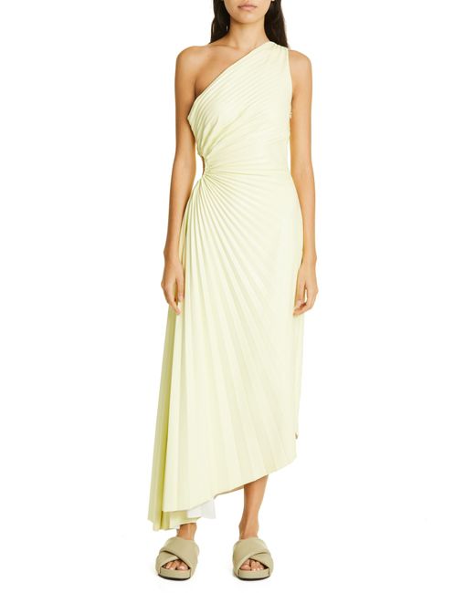 A.L.C. Yellow Delfina Pleated Cutout One-shoulder Dress