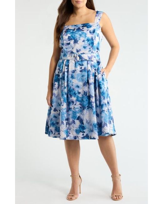 blue tahari dress Tahari Asl Plus Tie Waist Midi Dress, Blue / Plus 18W (2X)
