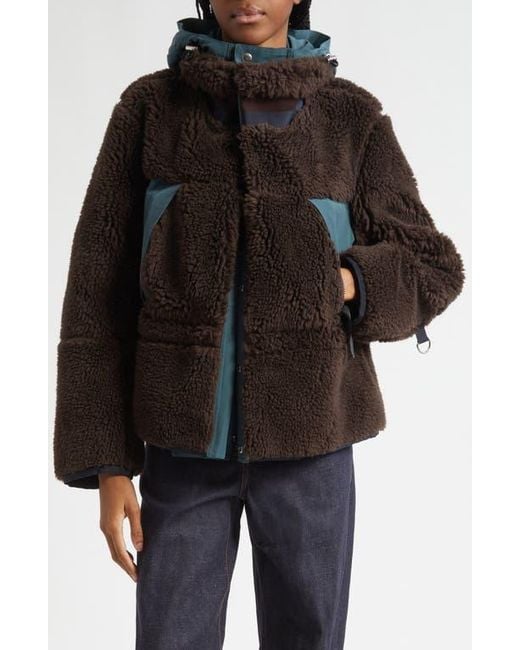 Sacai Mixed Media Faux Shearling Jacket in Black | Lyst