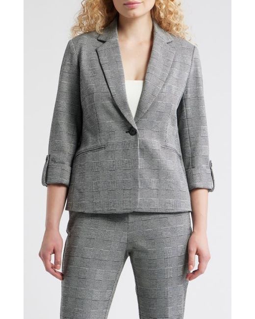 Anne Klein Gray Windowpane Plaid Roll-Tab Sleeve Jacket