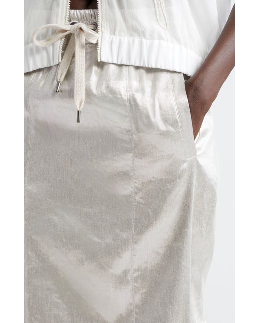 Brunello Cucinelli Gray Metallic Coated Twill Drawstring Skirt