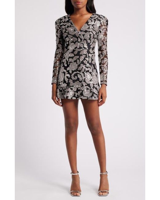 Dress the Population Black Kelsey Sequin Floral Long Sleeve Minidress