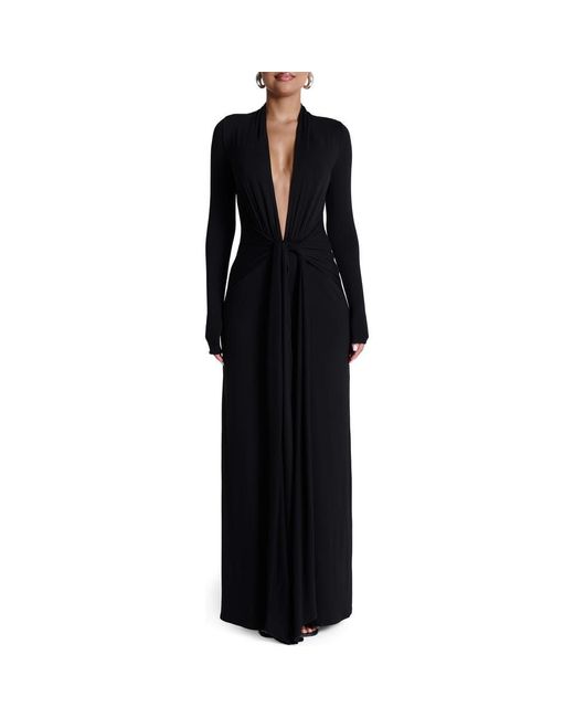 Naked Wardrobe Plunge Neck Long Sleeve Stretch Jersey Maxi Dress in Black |  Lyst