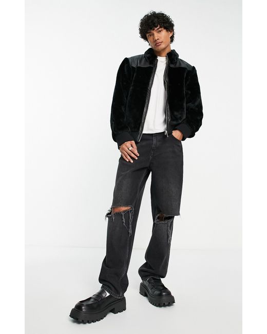 ASOS Faux Fur & Faux Leather Harrington Jacket in Black for Men | Lyst