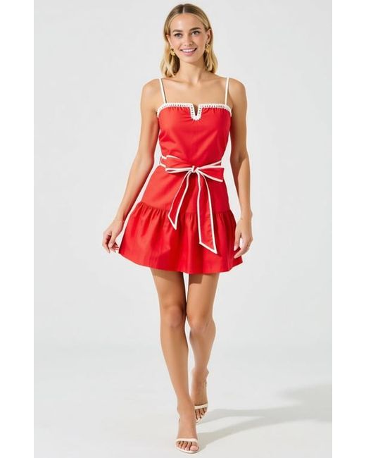 Modenaire Red Spaghetti-Strap Crochet-Trim Tie-Waist Mini Dress