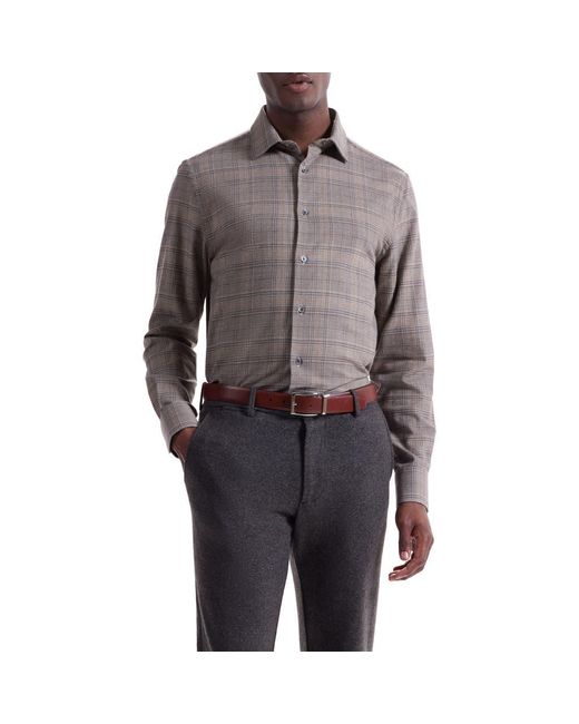 Bugatchi Gray Julian Shaped Fit Plaid Cotton & Wool Button-Up Shirt for men