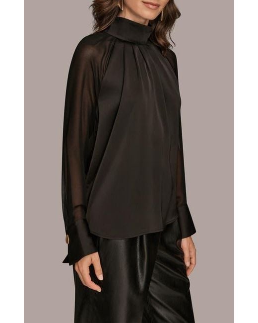 Donna Karan Black Pleated Sheer Sleeve Top