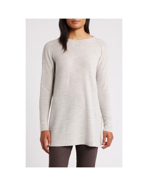 Eileen Fisher Gray Bateau Long Sleeve Merino Wool Tunic Top