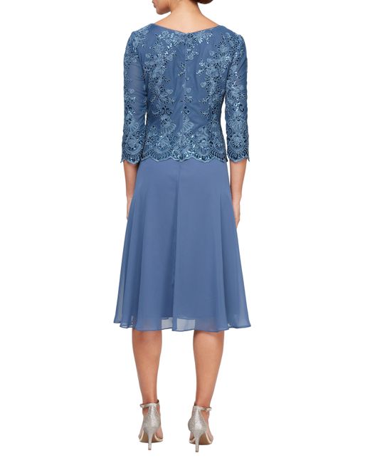 Alex Evenings Blue Sequin Embroidery Mixed Media Cocktail Dress