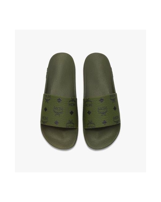 MCM Green Monogram Print Rubber Slides for men