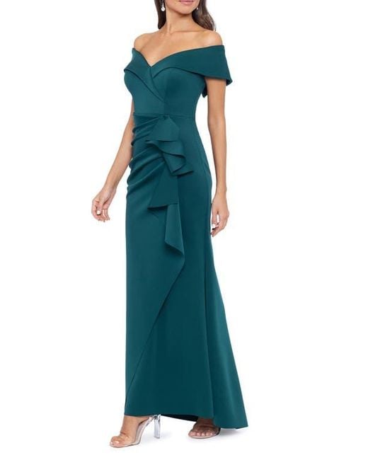 Xscape Evenings Green Off The Shoulder Ruffle Scuba Gown