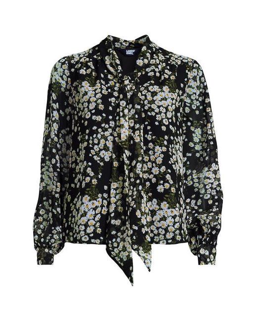 Lands' End Black Chiffon Removable Tie Neck Blouse