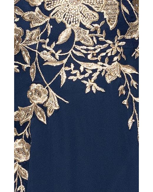 Betsy & Adam Blue Metallic Embroidery Chiffon Gown