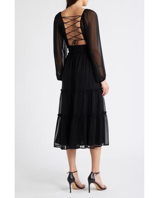 Bebe Black Lace-Up Back Long Sleeve Chiffon Midi Dress