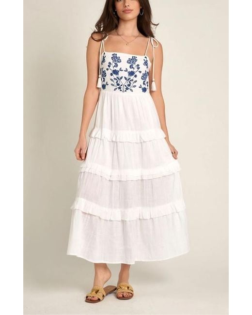 Knit & Lounge White Tiered Maxi Dress With Embroidered Bodice