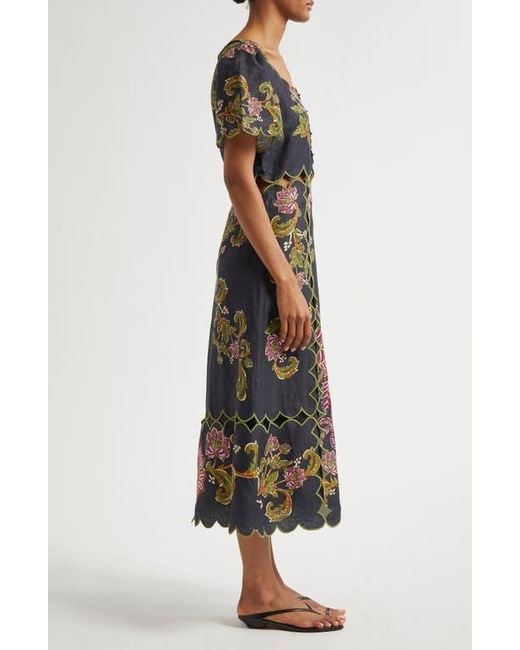 Farm Rio Black Ravenala Floral Short Sleeve Midi Dress