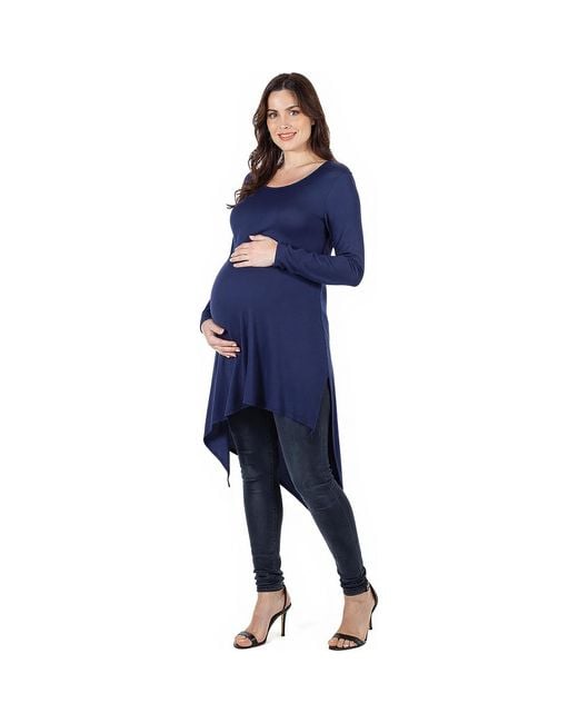 24seven Comfort Apparel Blue Long Sleeve Knee Length Asymmetrical Maternity Tunic Top