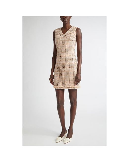 St. John Natural Betty Fringe Trim Metallic Tweed Sheath Dress