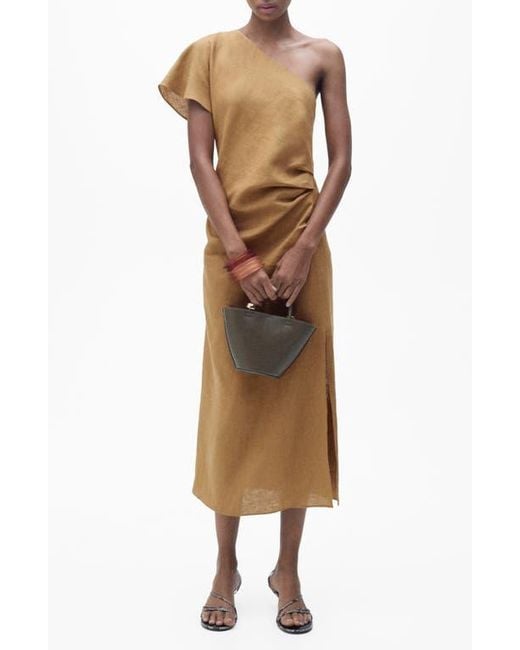 Mango Natural One-Shoulder Linen Midi Dress
