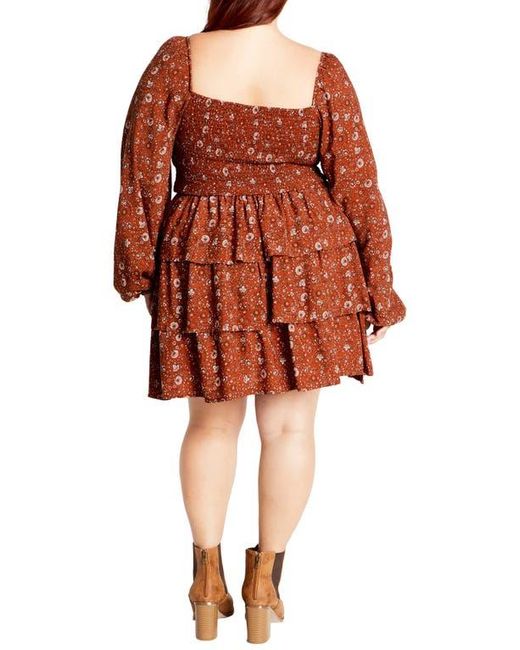 City Chic Orange Floral Print Long Sleeve Tiered Minidress