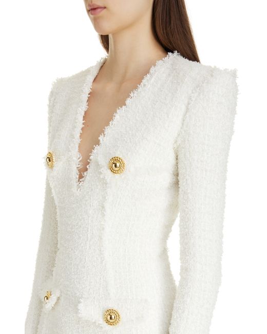 Balmain White Long Sleeve Tweed Dress