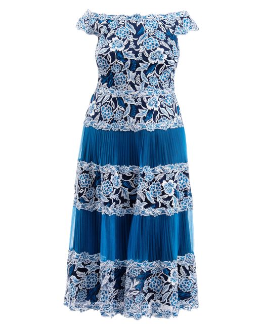 Tadashi Shoji Blue Floral Embroidery Pleated Off The Shoulder Midi Dress