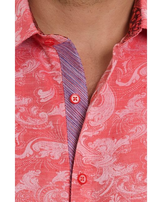 Robert Graham Pink Poseidon Short Sleeve Linen & Cotton Jacquard Button-up Shirt for men