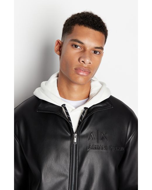 Armani Exchange Logo Embroidery Faux Leather Jacket in Black for Men | Lyst
