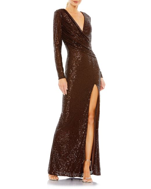 Mac Duggal Sequin Ruched Long Sleeve Column Gown in Brown | Lyst