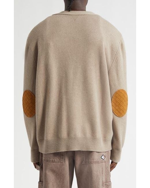 Bottega Veneta Brown Classic Cashmere Blend V-Neck Cardigan With Intrecciato Leather Elbow Patches for men