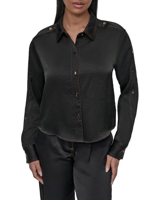 DKNY Black Glazed Crinkle Satin Button-Up Shirt