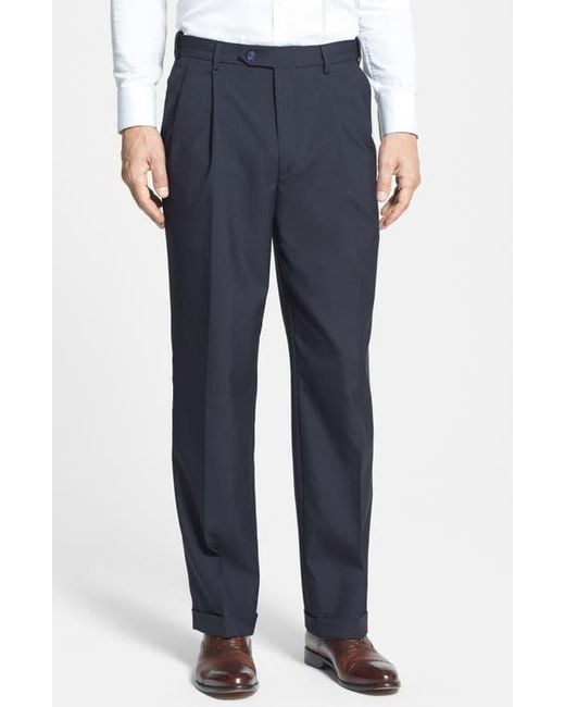 Berle Blue Self Sizer Waist Plain Weave Pleated Washable Trousers for men