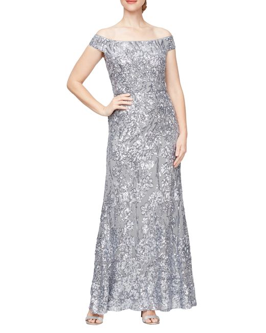Alex Evenings Gray Floral Embroidered Sequin Off The Shoulder Gown