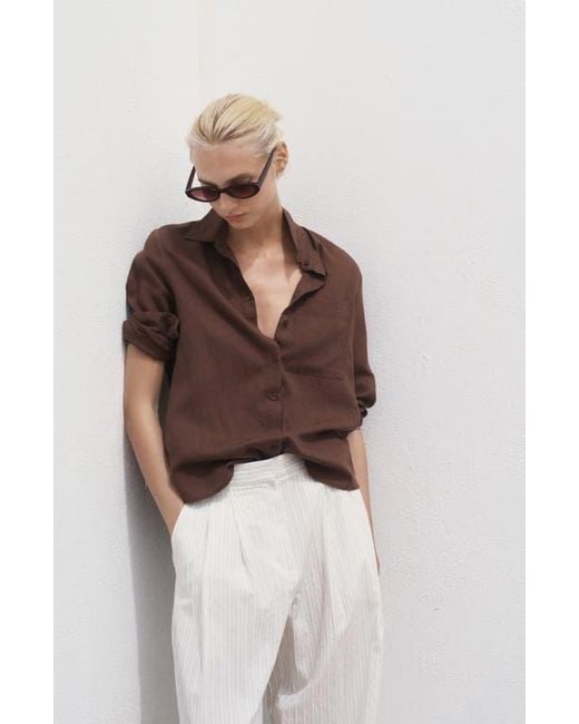 Mango Brown Straight Lyocell & Linen Button-Up Shirt