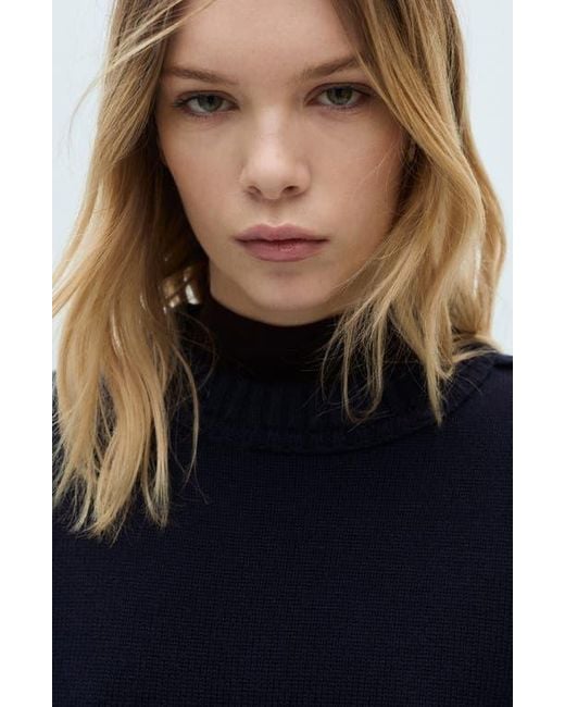 Mango Blue Button Shoulder Mock Neck Sweater