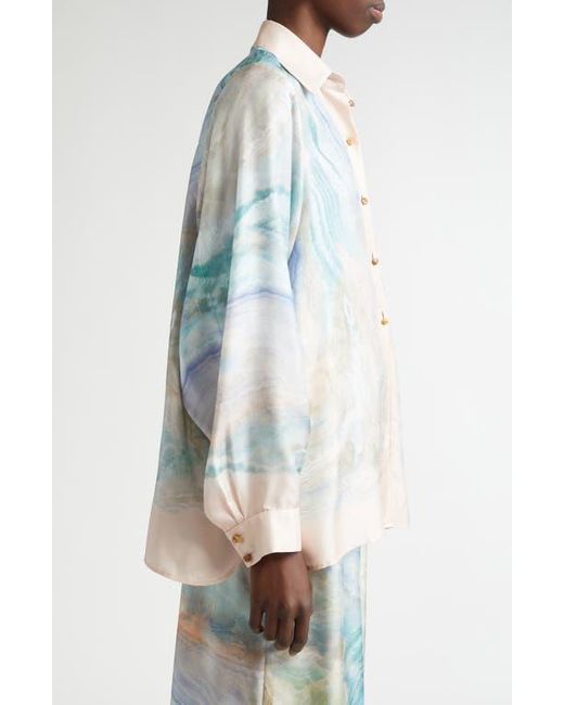 Zimmermann Blue Agate Print Silk Button-Up Shirt