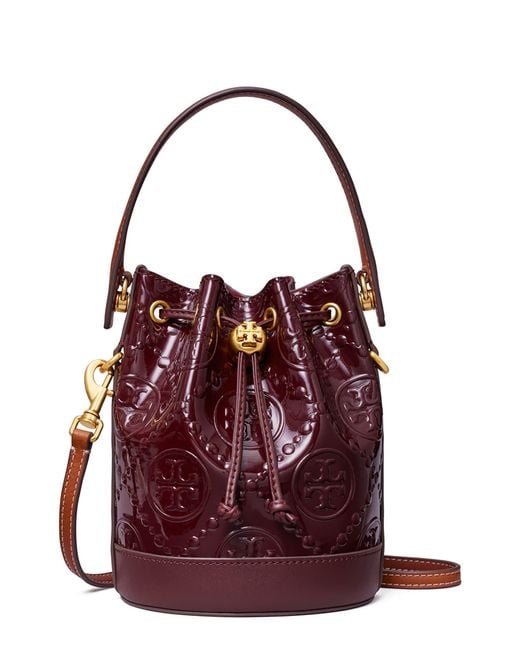Tory Burch Red T Monogram Mini Embossed Patent Leather Bucket Bag