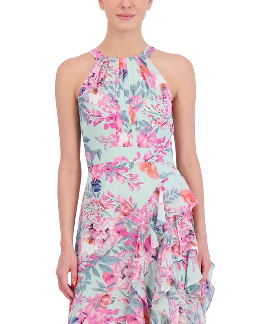 Eliza J Pink Floral Print Asymmetric Ruffle Sleeveless Maxi Dress