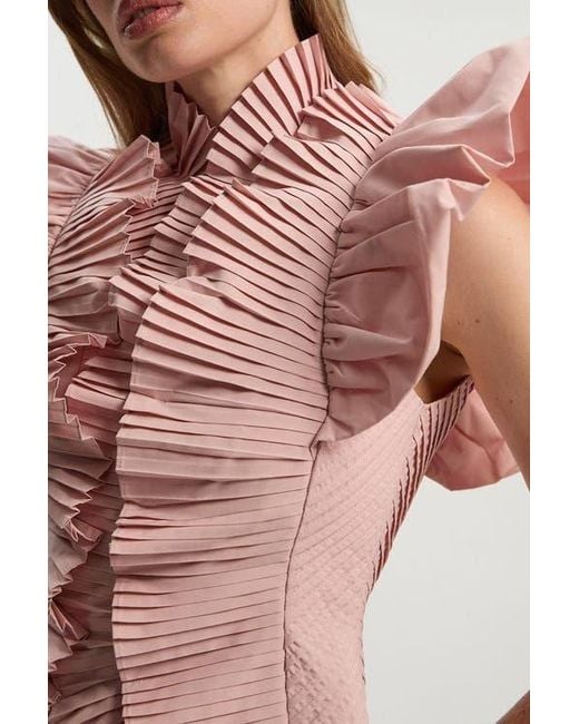 Karen Millen Pink Pleated Ruffle Sleeve Woven Midi Dress