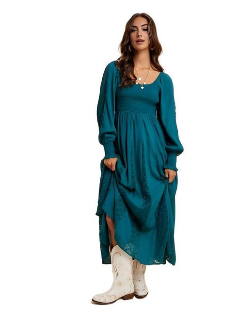 Knit & Lounge Blue Long Sleeve Maxi Dress With Smocked Bodice And Lace Insets