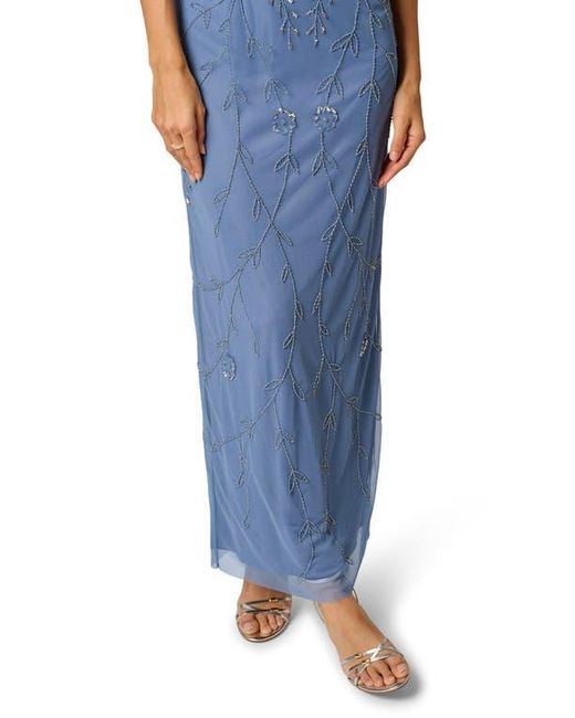 Adrianna Papell Blue Beaded Mesh Blouson Gown