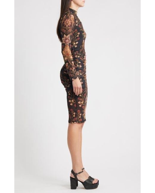 Farm Rio Brown Berry Garden Long Sleeve Ruched Dress