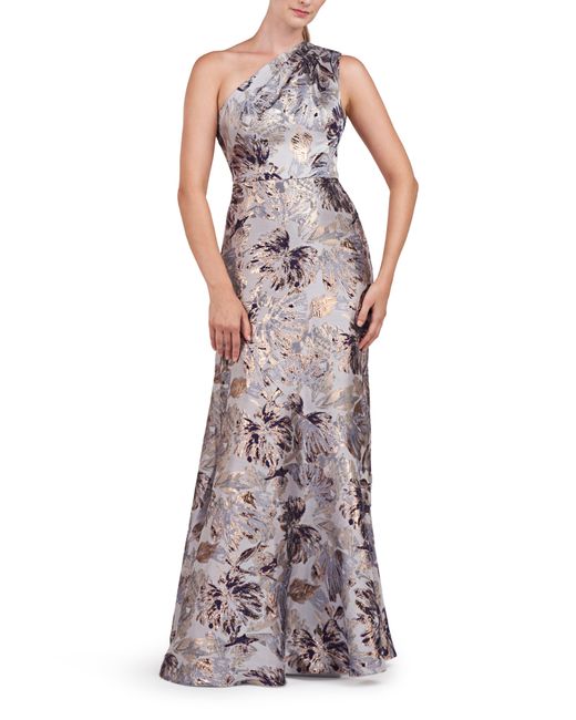 Kay Unger Purple Gianella Floral Metallic One Shoulder Gown