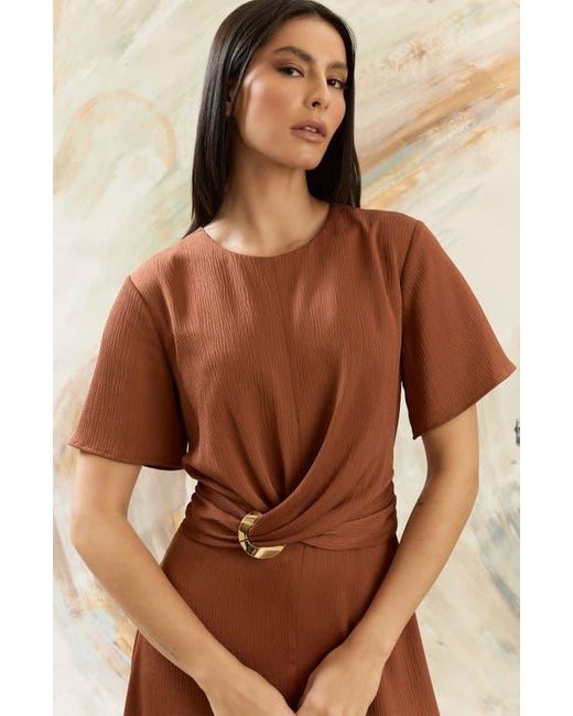 Maggy London Brown Buckle Detail Hammered Satin Midi Dress